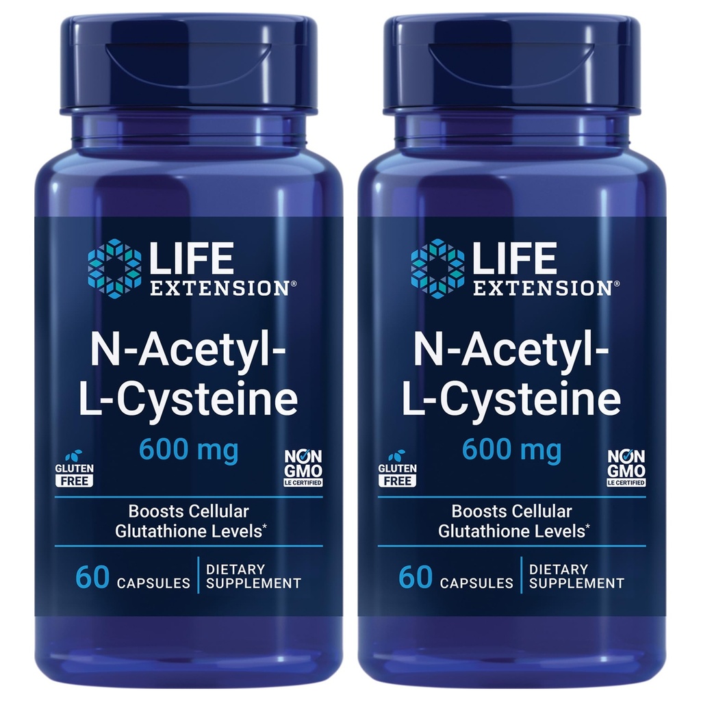 Livsforlengelse N-acetyl-L-Cysteine (NAC), immunrespons, pustende helse, lever helse, NAC 600 mg, antioksidantforsvar, frie radikaler, lett å absorbere - To pakke x 60 kapsler