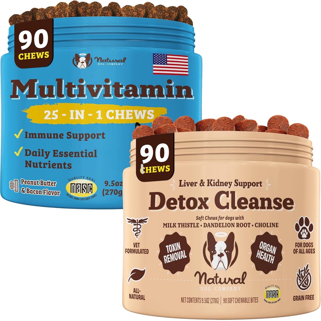 Naturlig hundeselskap Multivitamin & lever og nyre Chews Bundle - omfattende helsestøtte for eldre hunder, fremmer avgiftsbedring, forbedret digestion, strålende hud og Coat, lett å administrere