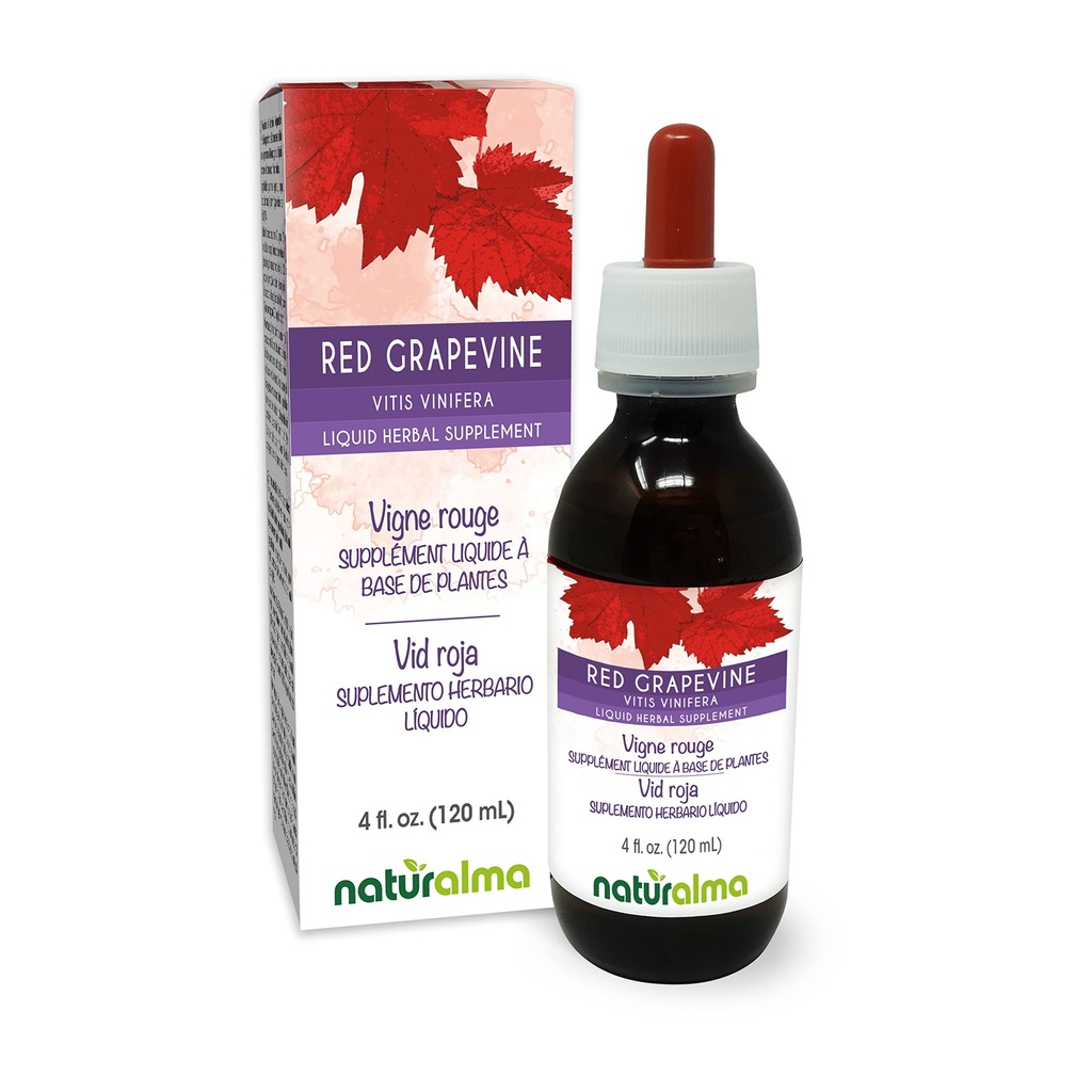 Naturalma Rød Grapevine (Vit vinifera) Leaf alkoholfri tinktur - 4 flo oz flytende ekstrakt i dråper - Herbal Supplement - Vegan