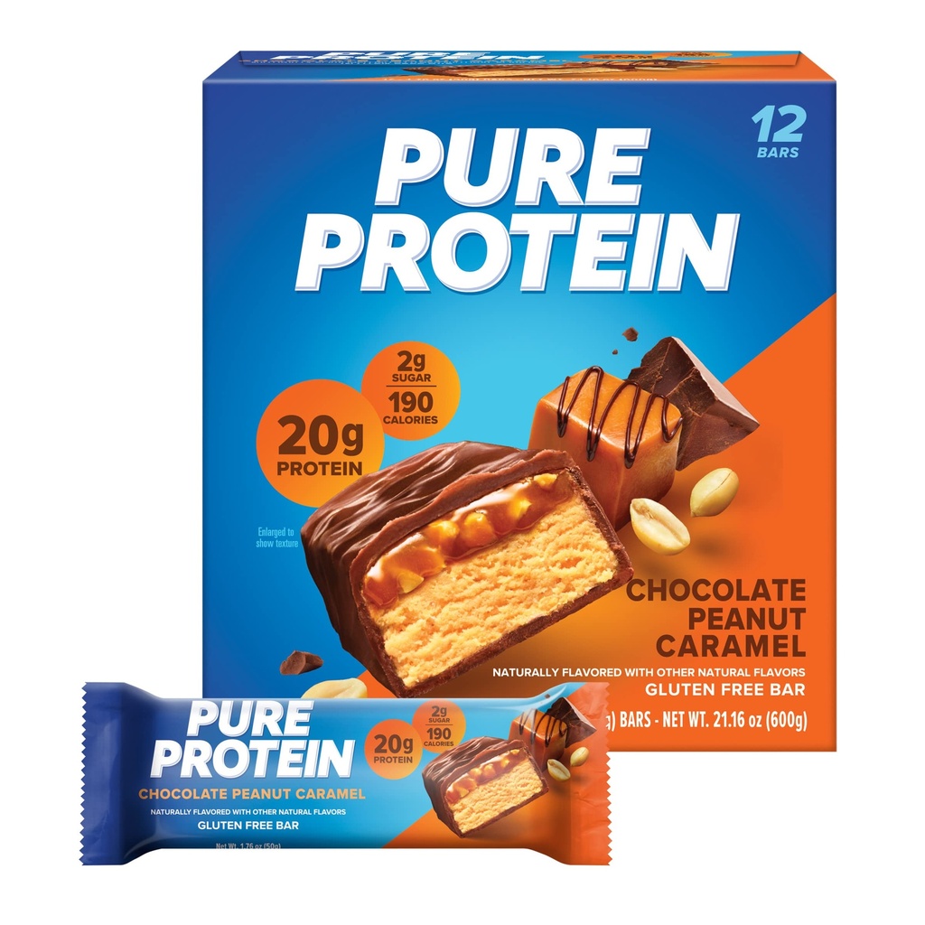 Pure Protein Bars, høyprotein, Nutritious Snacks å støtte energi, lav sukker, glutenfri, sjokolade peanut karamell, 1.76oz, 12 greve (Pack of 1) (Packing May Vary)
