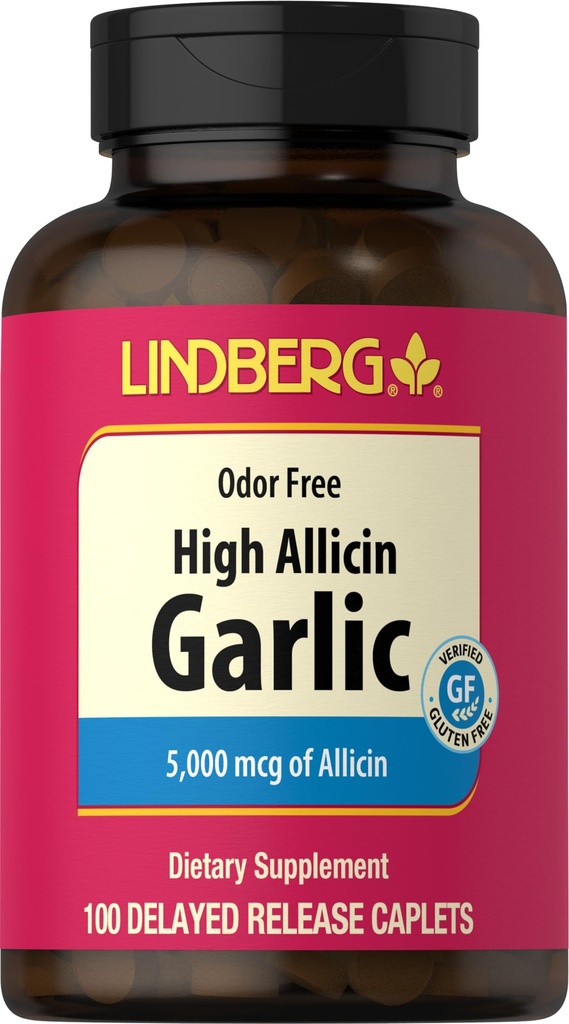Lindberg hvitløk Supplement piller | 500 mg | 100 kapeller | Odorless med høy allicin (5000mcg) | Allium Sativum Extract | Ikke-GMO, Glutenfri