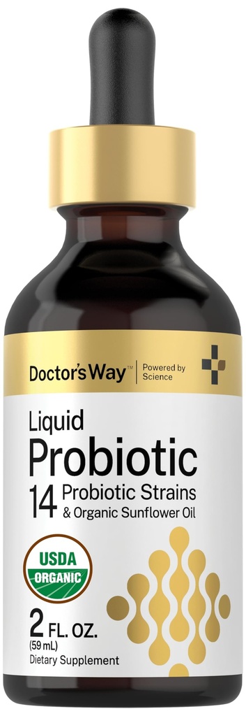Doctor's Way flytende probiotika | 2 fl oz | 14 probiotiske strimler med organisk solflower olje | Ikke-GMO Supplement