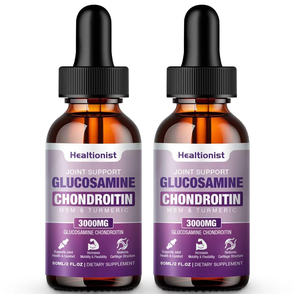 2 Pack Glukosamine Chondroitin MSM flytende dråper, ekstra styrke felles støtte til voksne menn og kvinner, Quercetin Boswelia, Bromelain, antioksidant immun støtte (4 fl oz)