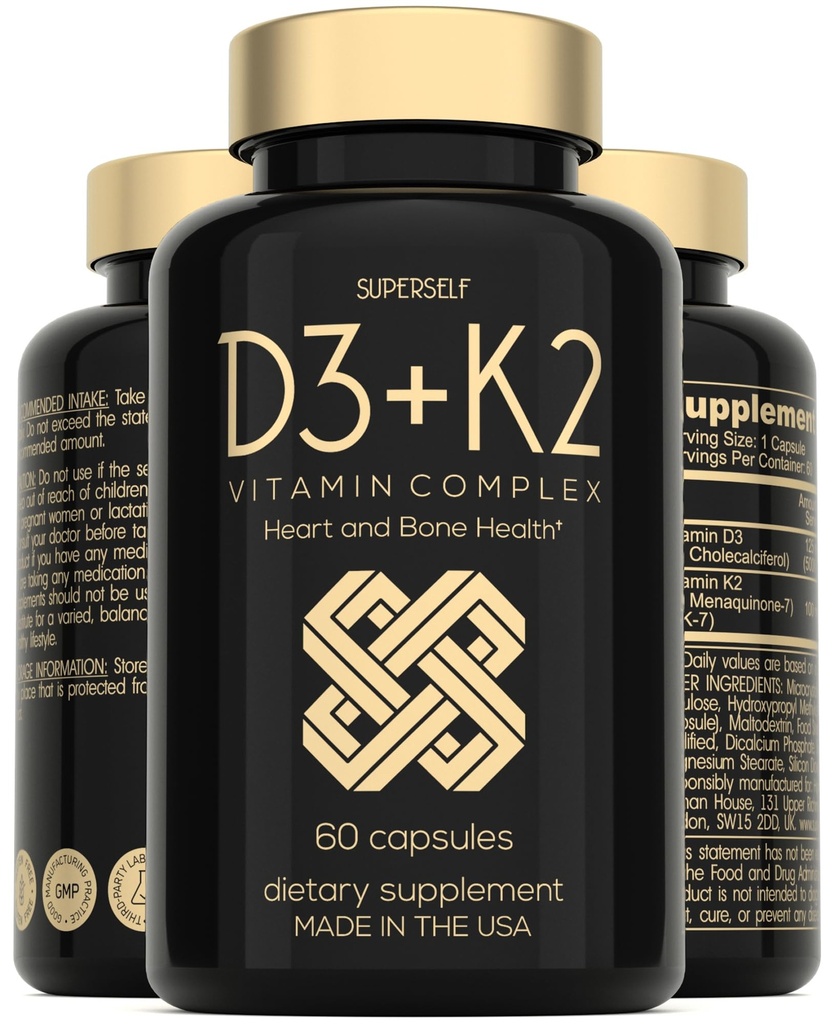 Vitamin D3 K2 Kapsler - vitamin D3 5000 IU og vitamin K MK7 100mcg - 60 Kapsler - USA laget vegetarisk vitamin D Supplement - høy styrke VIT D for bein, muskler, tenner, immunsystem