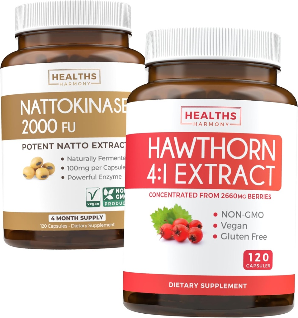 Nattokinase & Hawthorn (4-måneders forsyning) Nattokinase Berry Harmony - Nattokinase 2000 FU Kraftig naturlig fermentert soyabønner (4-måneders forsyning) & Hawthorn Berry 4:1 ekstrakt - Vegansk og ikke-GMO
