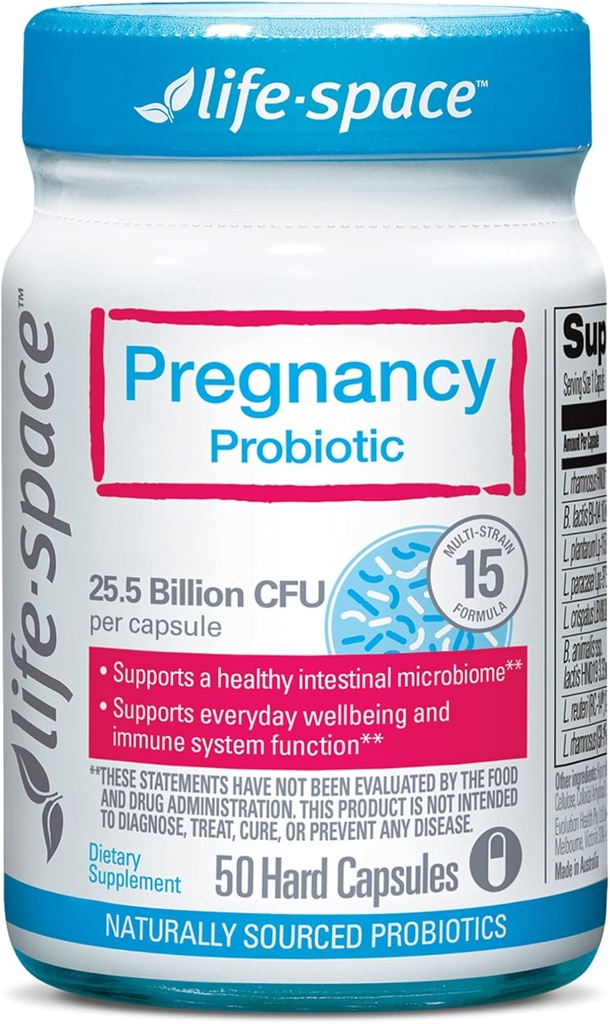 Life-Space Graviditet Probiotic, 25.5 milliarder CFU & 15 Strains Probiotic for kvinner, klinisk bevist for mammas og babys digestive, immune og hud helse, 50 kapsler