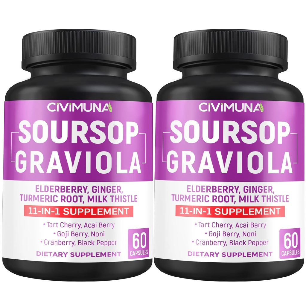 Soursop Graviola Kapsler med Elderberry, Turmeric Curcumin og mer - 120 Kapsler i 4 måneders forsyning (pakke på 2)