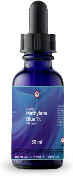 Methylen Blå 1% 30 ml Glass Dropper Flaske |USP-Grade Metylthioninium Kloridevæske | For Hjernefunksjon & Kognitiv Helse | Ingen Formaldehyd
