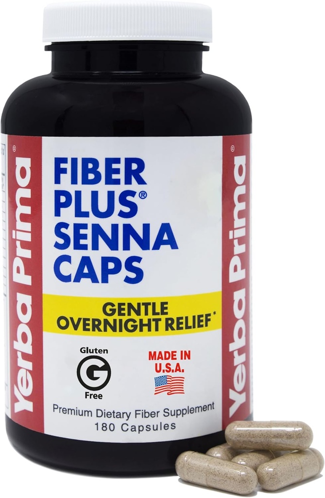 Yerba Prima Fiber Plus Senna Kapsler, 180 greve - Gentle Overnatting Relief, USA laget, ikke-GMO, for kortsiktig bruk for å gjenopprette regelmessighet