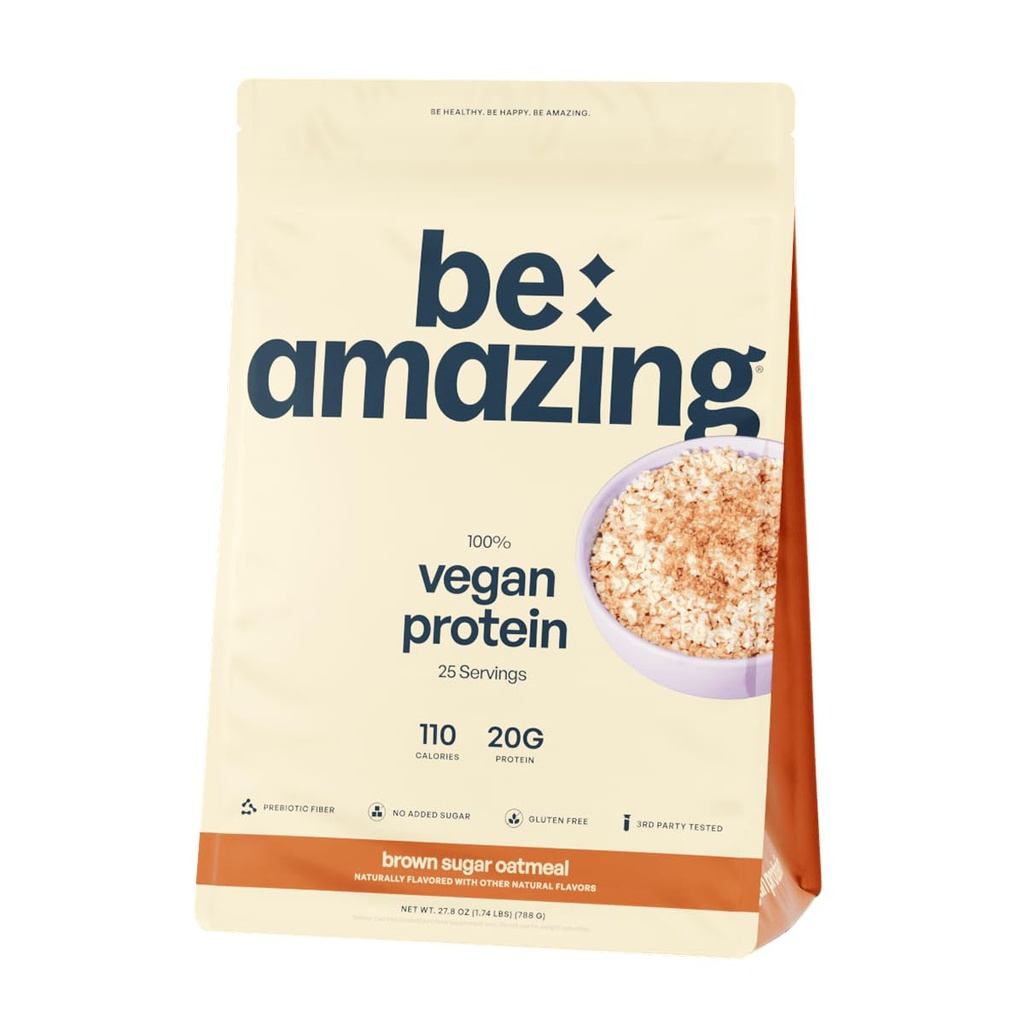 BE AMAZING Vegansk proteinpulver, brunt sukker havregryn, 20g plantebasert protein med prebiotisk fiber, lav carb, meieri og glutenfri risteblanding, ingen tilsatt sukker, 29,3 oz, 25 serveringer