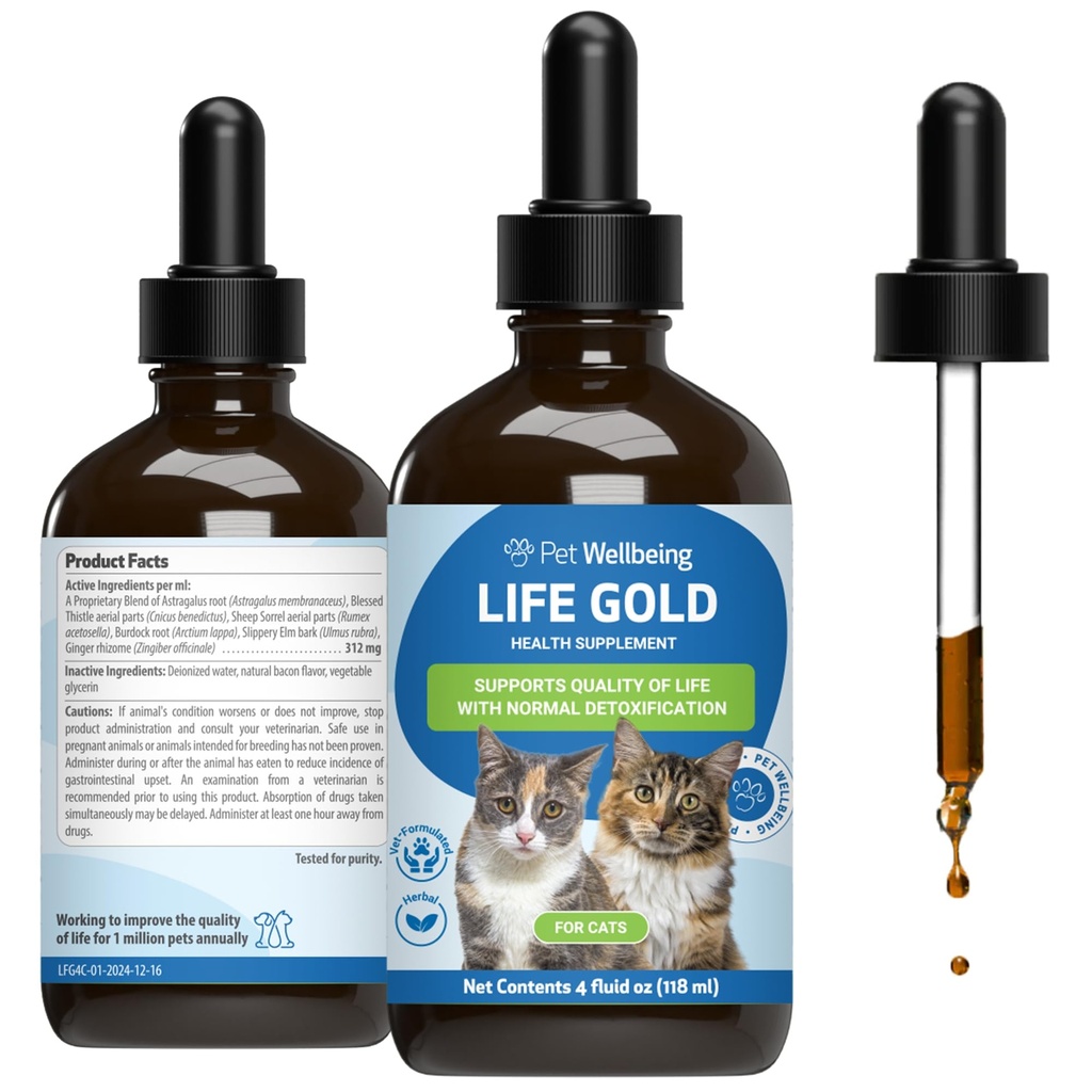 Kjæledyrs velvære Livsgull for katter - støtter avgift, immunsystem helse, antioksidanter - Vet-formulert Herbal Supplement – 4 oz (118 ml)