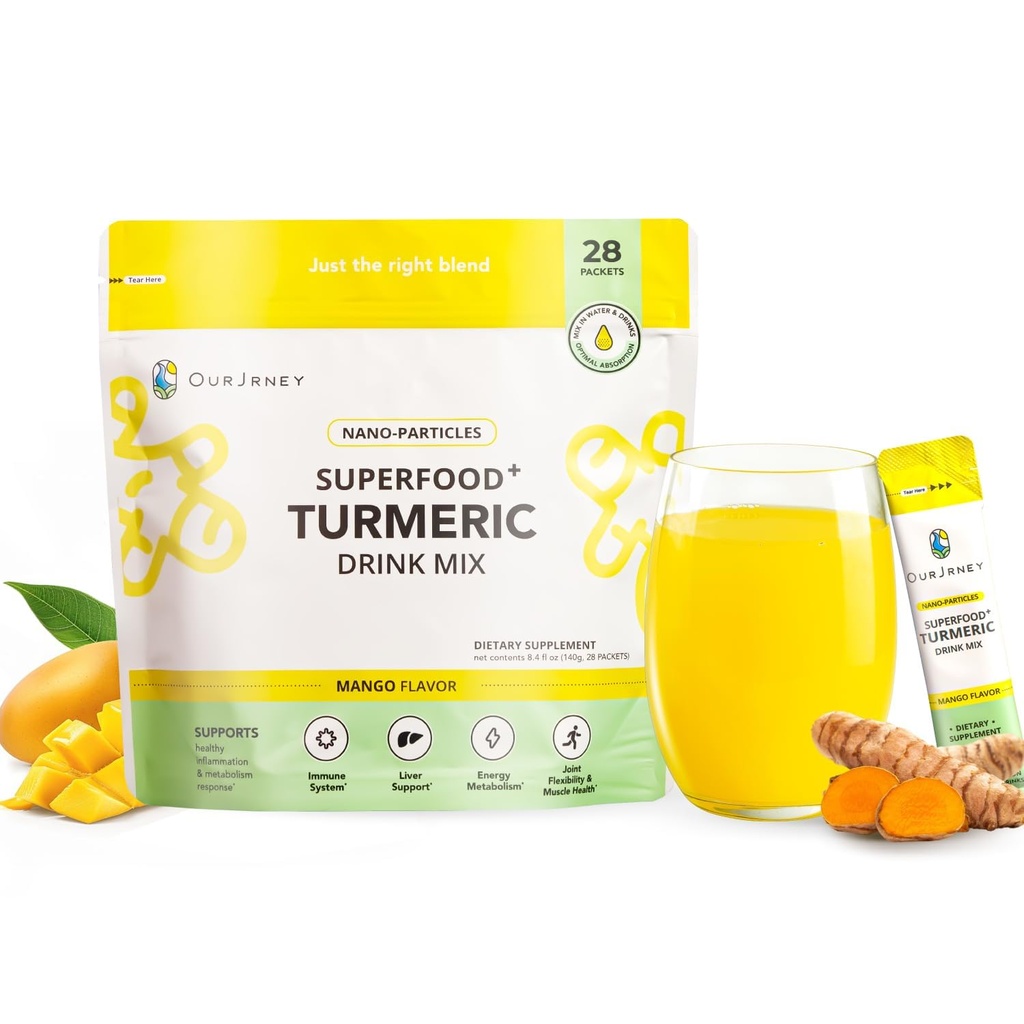Nano gurkemeie curcumin drikke pulver, gylne juice for velvære og immunitet, ingen gurkemeie smak, Legg til i smoothies / vann daglig morgen rutine–35X Absorpsjon– Mango Flavor– Joint Support Supplement