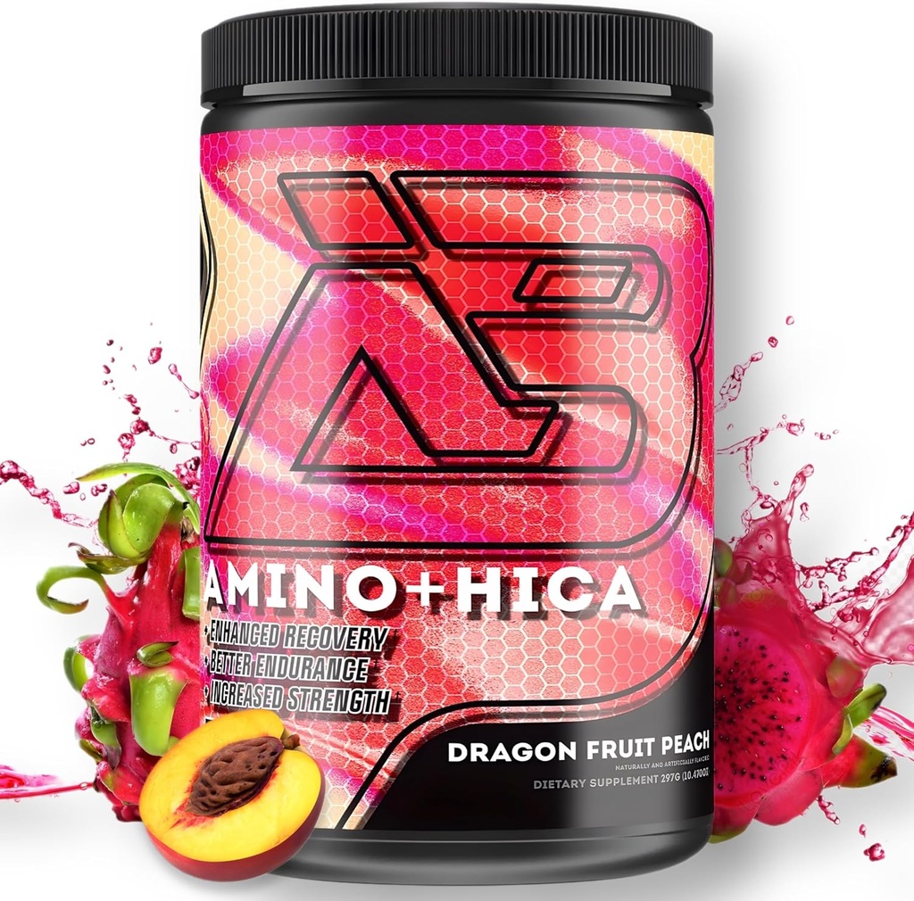 Amino + HICA EAA Supplement | Forbedret gjenoppretting, bedre utholdenhet, økt styrke, energi, Hydrasjon | Bcaa, elektrolyter, leucin, pulver, 30 Services (Dragon Fruit Peach)