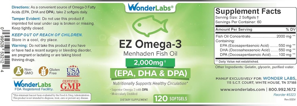 EZ Omega-3 Atlantic Menhaden Fish Oil Supplement 2000 mg, Burpless, laget i USA, perfekt balanse av EPA+ DHA + DPA 120 Softgels