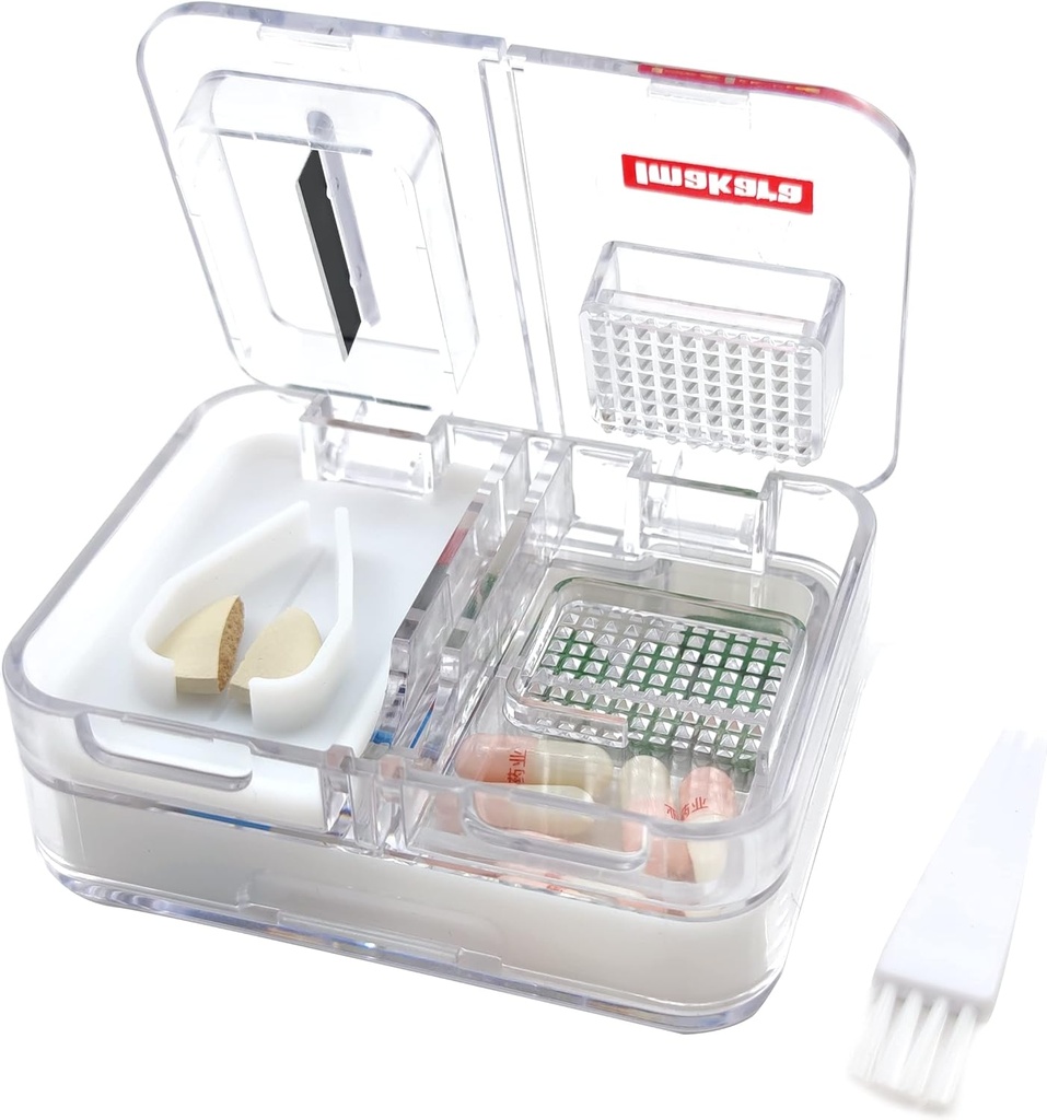 Reise piller boks medisin, kosttilskudd, vitamin piller Organizer daglig bruk pille saken med pille cutter piller Crusher og Grinder (hvit)
