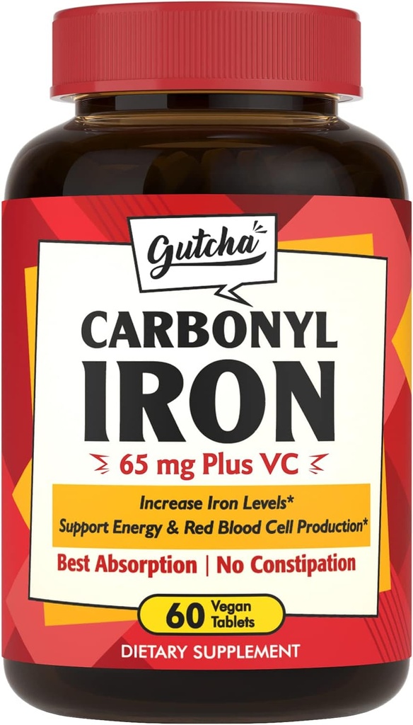 Iron Supplement, 65 mg Carbonyl Iron Plus Vitamin C, energi og blod støtte for kvinner og menn, bedre absorpsjon, Gentle på magen, ingen tristhet, ingen slimming, vegansk, ikke-GMO, 60 Ct