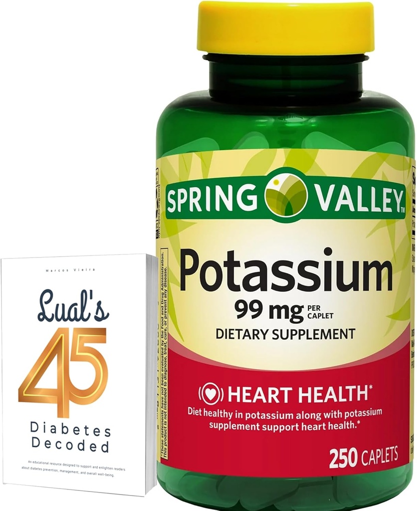 Spring Valley Kalium hjerte helse kosttilskudd Caplets, 99 mg, 250 greve, Kalium Gluconate Bundle med Lual 45 Diabetes Dekodet