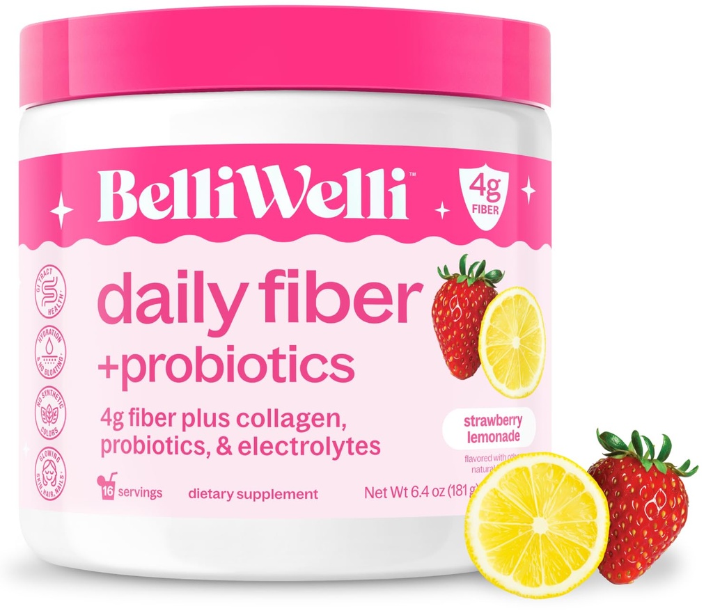 Belli Welli Fiber Supplement for kvinner og menn, Premium Daily Fiber pulver fra organisk akacia med tilsatt collagen, elektrolytter og probiotika, Ingen Bloat, Bloat & Gut helse støtte (Strawberry Lemonade)