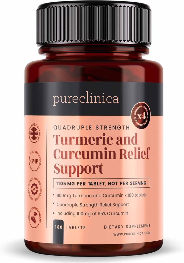 1100mg Turmeric og Curcumin x 180 tabletter - 6 måneders forsyning - w/95% Curcumin & 5mg Black Pepper ekstrakt