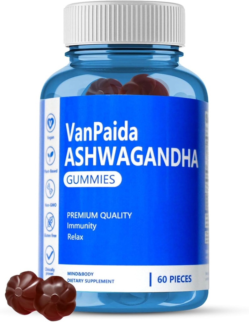 Vegan Ashwagandha Gummies, beroligende, søvnkvalitet, minne og kognitiv støtte kosttilskudd, avslappende, Restorative, vitamin D, immunstøtte, organisk Sør-Afrika Ashwagandha Root Extract, Glutenfri.