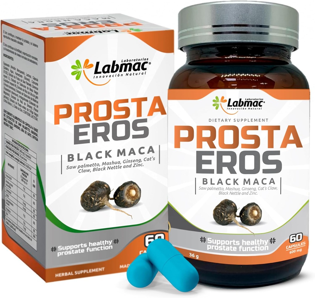 ProstaEros- Prostate Support Supplement - 7 naturlige ingredienser- Svart Maca, så Palmetto, Mashua, Cat's Claw, Gingseg, Black Nettle og sink. Kapsler 60 greve (pakke med 1)