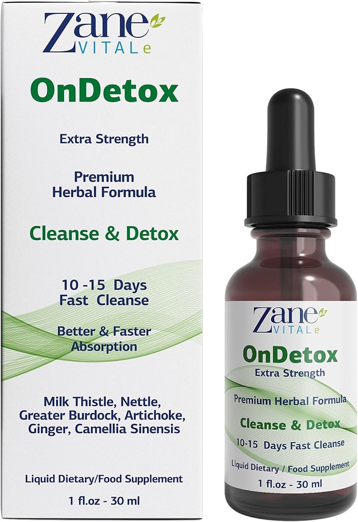 Zane OnDetox │10 – 15 dager Fast rengjøring og støtte | Detox & Repair Supplement med Melk Thistle, Nettle, Greater Burdock, Artichoke og mer | Vegan | Ikke-GMO | Glutenfri | 1 fl Oz.- 30ml