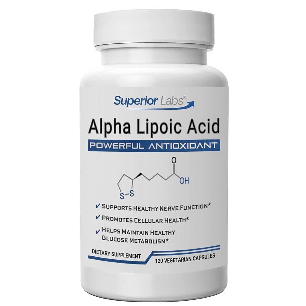 Superior Labs Alpha Lipoic Acid 600 mg Kapsler, ren ikke-GMO ALA, høy absorpsjon, Nerve støtte, sunn sirkulasjon og nerverespons, sunn aldring antioksidant, 120 Veg Caps, 4-måneders forsyning