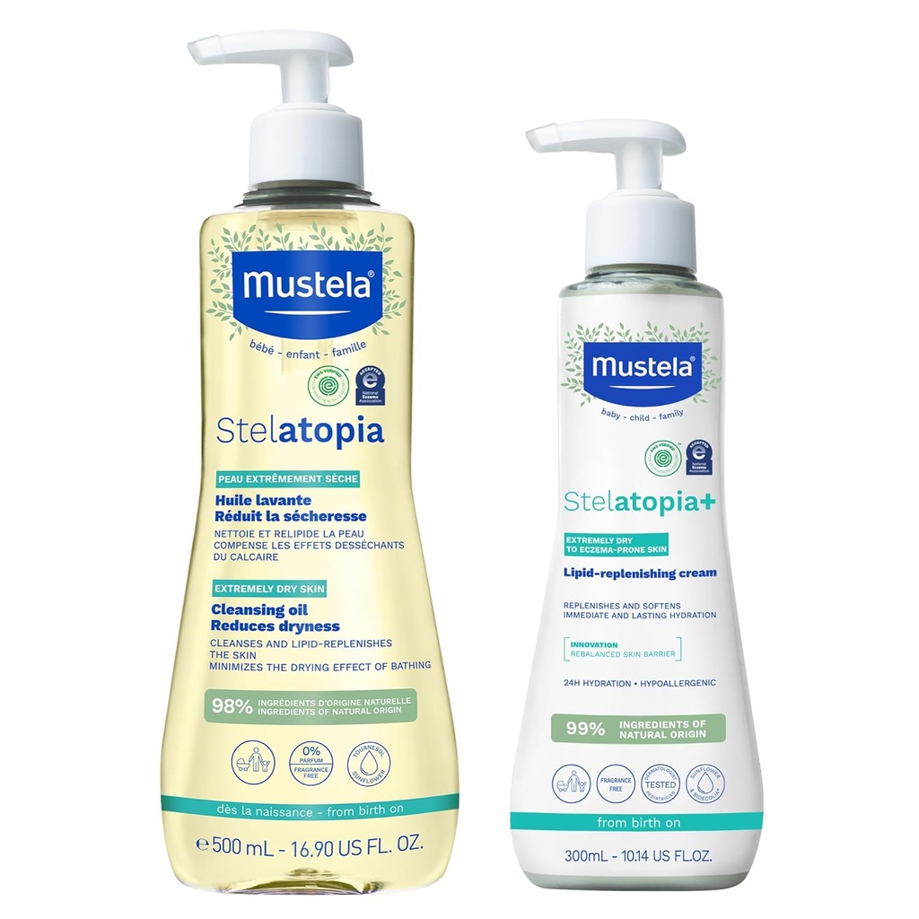 Mustela Stelatopia Eczema-Prone Skin Bath Time Gavesett - Familie hudpleie Essentials - Naturlig Avocado & Solflower Olje - EWG Verifisert - 2 Varesett - Stelatopi Cleansing olje og Stelatopi+ Krem