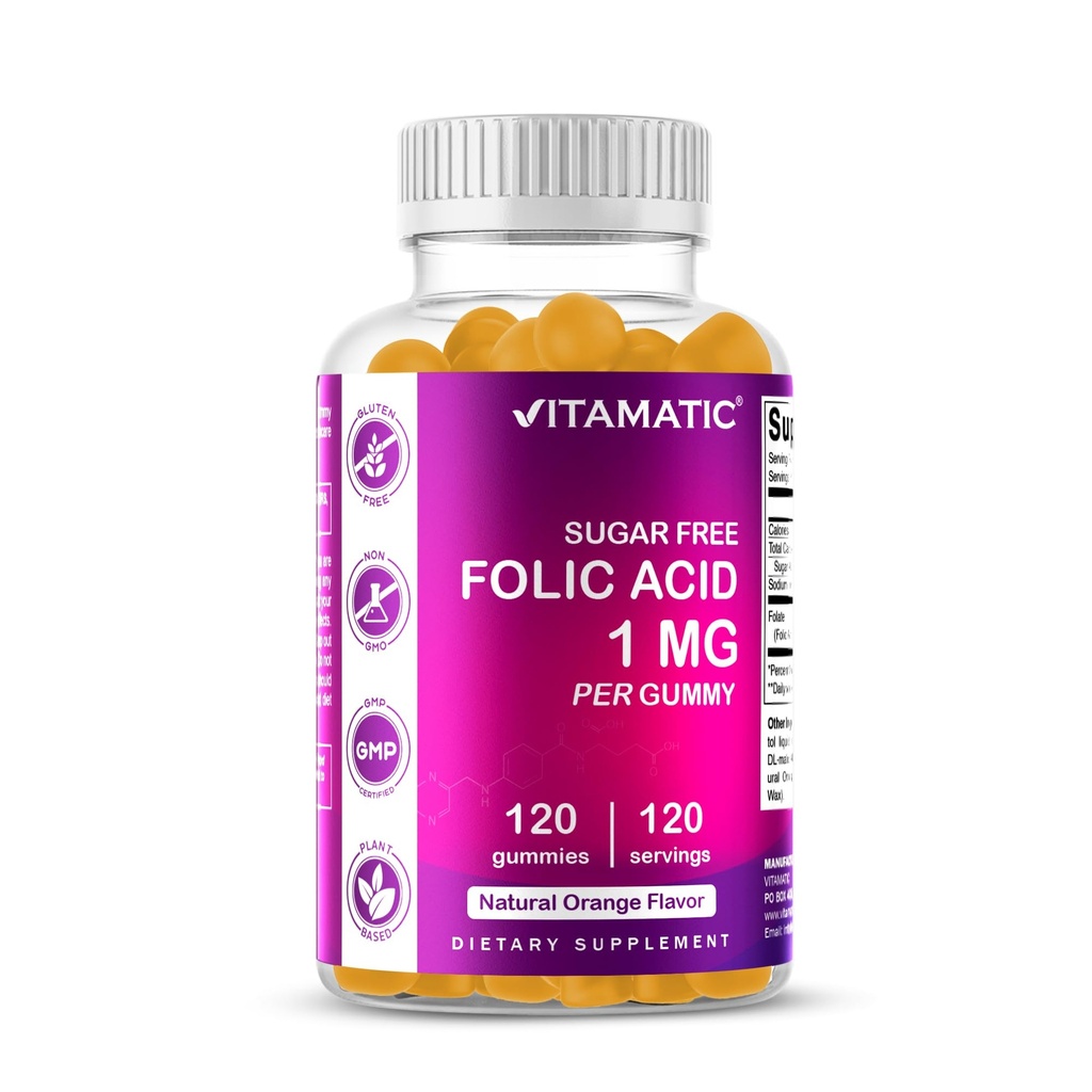 Vitamatisk Folsyre Gummies 1000 mg (1 mg) - en essensiell prenatal vitaminer for mamma og baby - vitamin B9-120 Vegan Gummies (1)