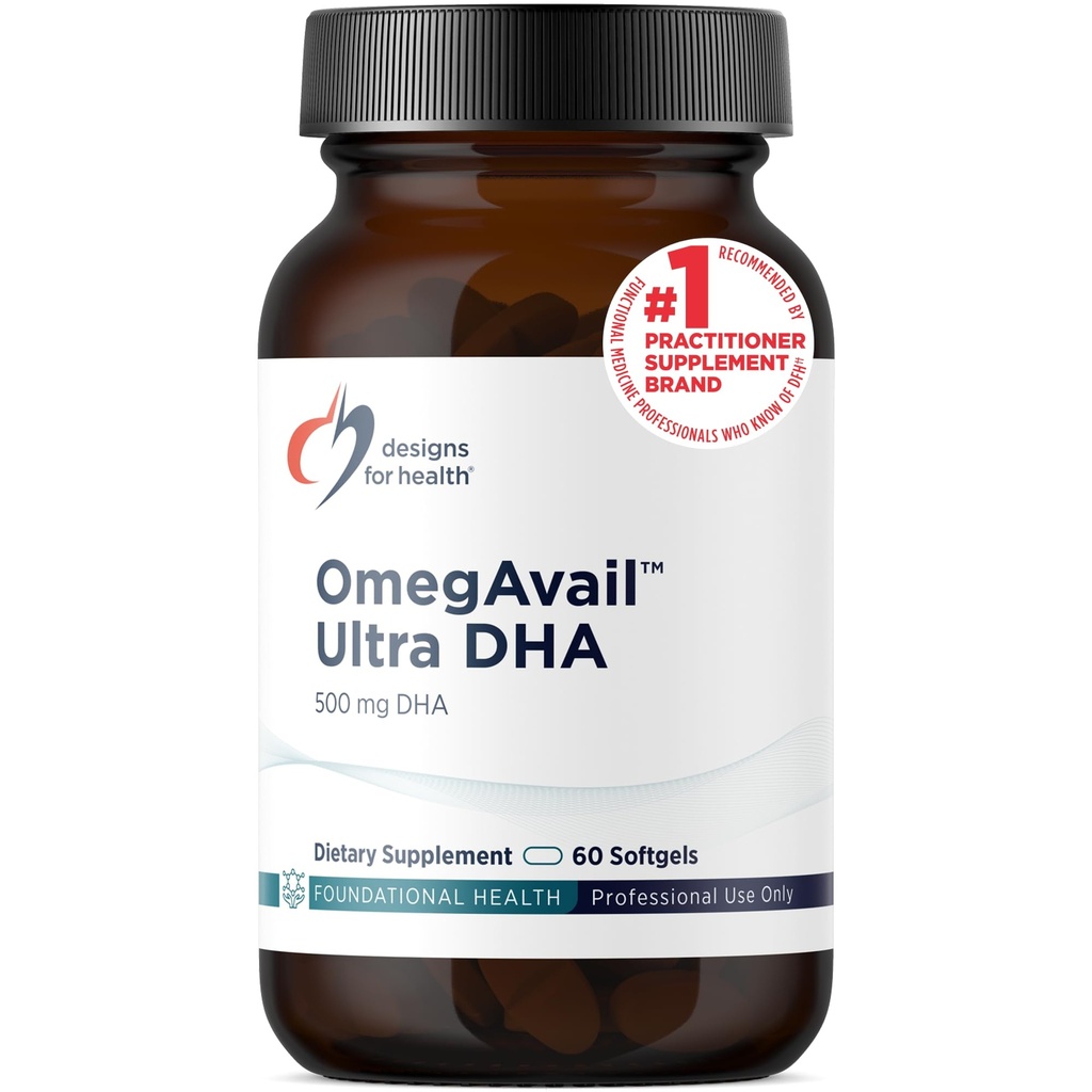 Designer for helse OmegAvail Ultra DHA - Høyt konsentrert DHA Triglycerid Fish Oil, TG Fiskeolje med 500 mg DHA + 100 mg EPA - Ingen fiskbar ettersmak (60 Softgels)