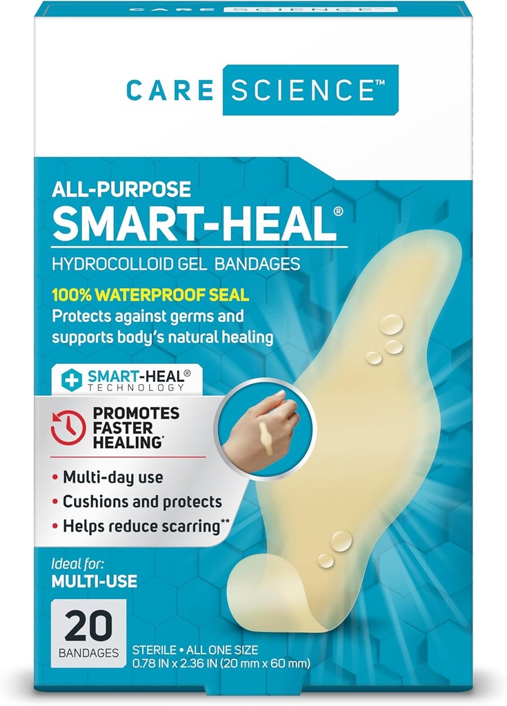 Care Science Smart Heal All-Purpose Hydrokolloid Gel Bandages, 20 ct | 100% Vanntett forsegling, Reduserer skjerping, for sårpleie eller blemmer