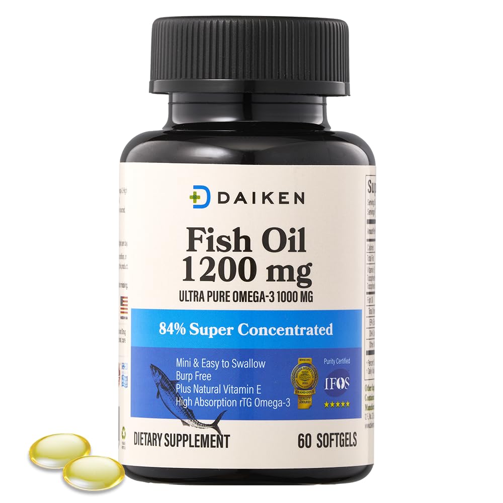 DAIKEN Mini Fish Oil 1200 mg, rTG Omega 3 1000mg, 60 Softgels, høy absorpsjon og Burpless Fish Oil for sunn hjerte, hjerne og tørre øyne støtte