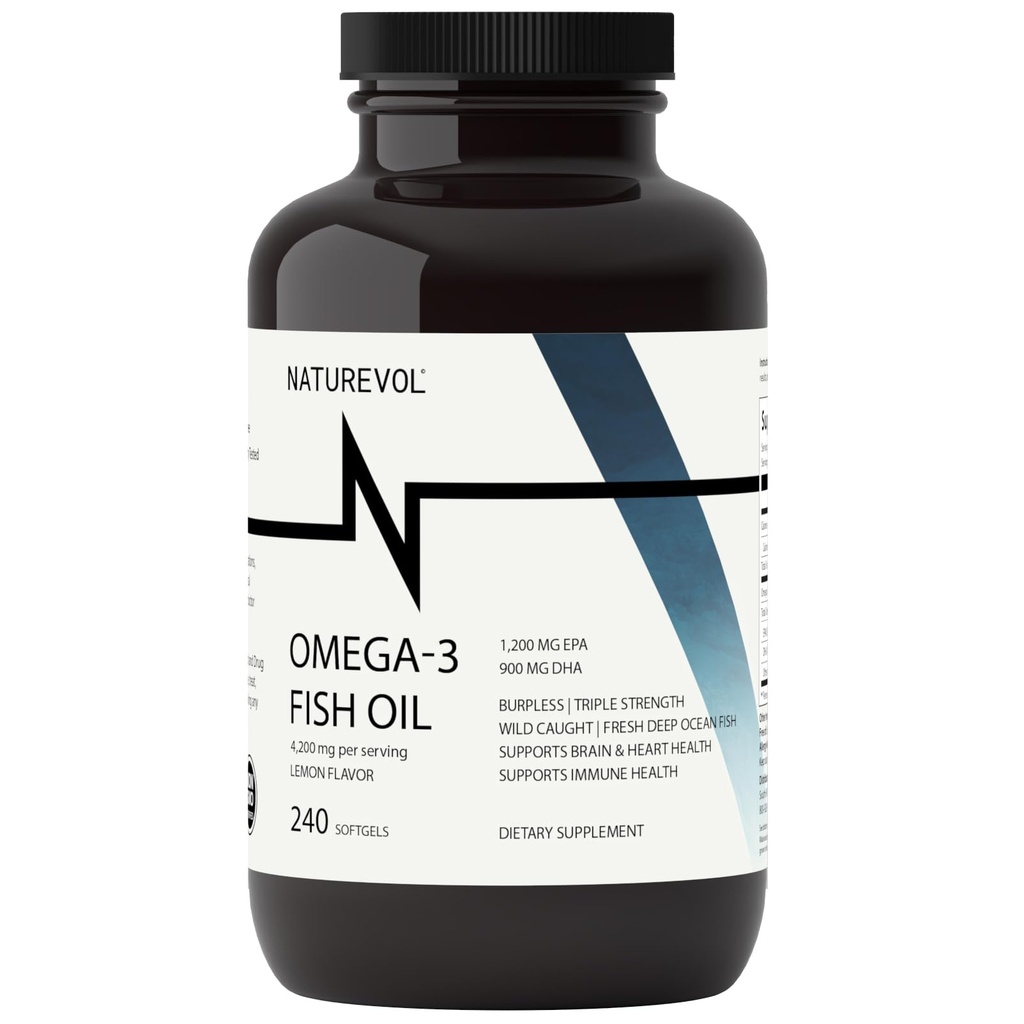 Triple Styrke Omega 3 Fiskeolje 4200mg - Burpless | Over 2200mg Omega 3 Fatty Acids | 1200mg EPA + 900mg DHA | Beste essensielle fettsyrer | Wild Caught / Deep Sea Fish, Lemon Flavored - 240 Softgels
