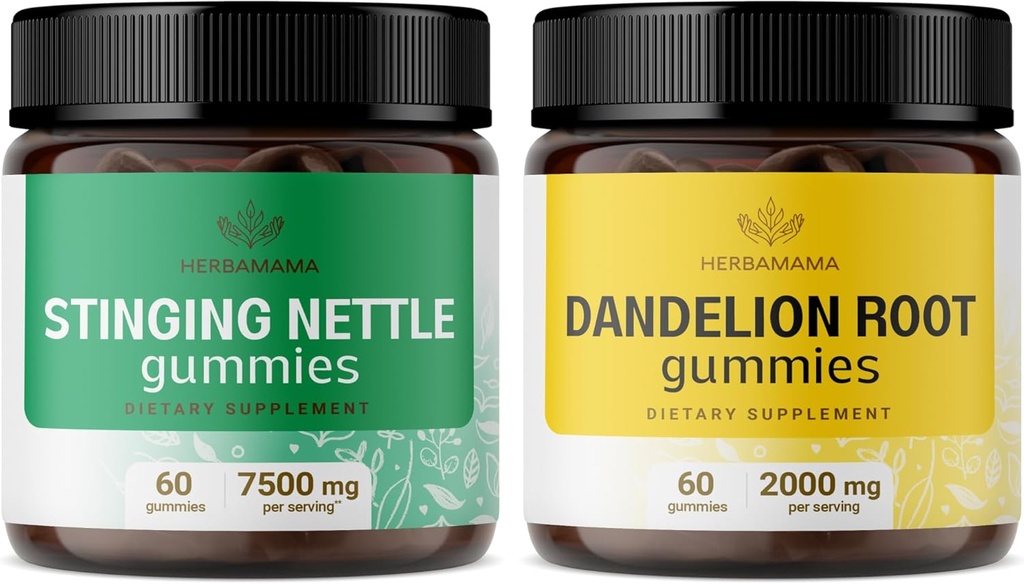 HERBAMAMA Stinging Nettle og Dandelion Kit - Bundle av 7500 mg Stinging Nettle Root & 2000 mg Dandelion Root Gummies - Vegan, ikke-GMO, Gelatin-Free - 2 pakke