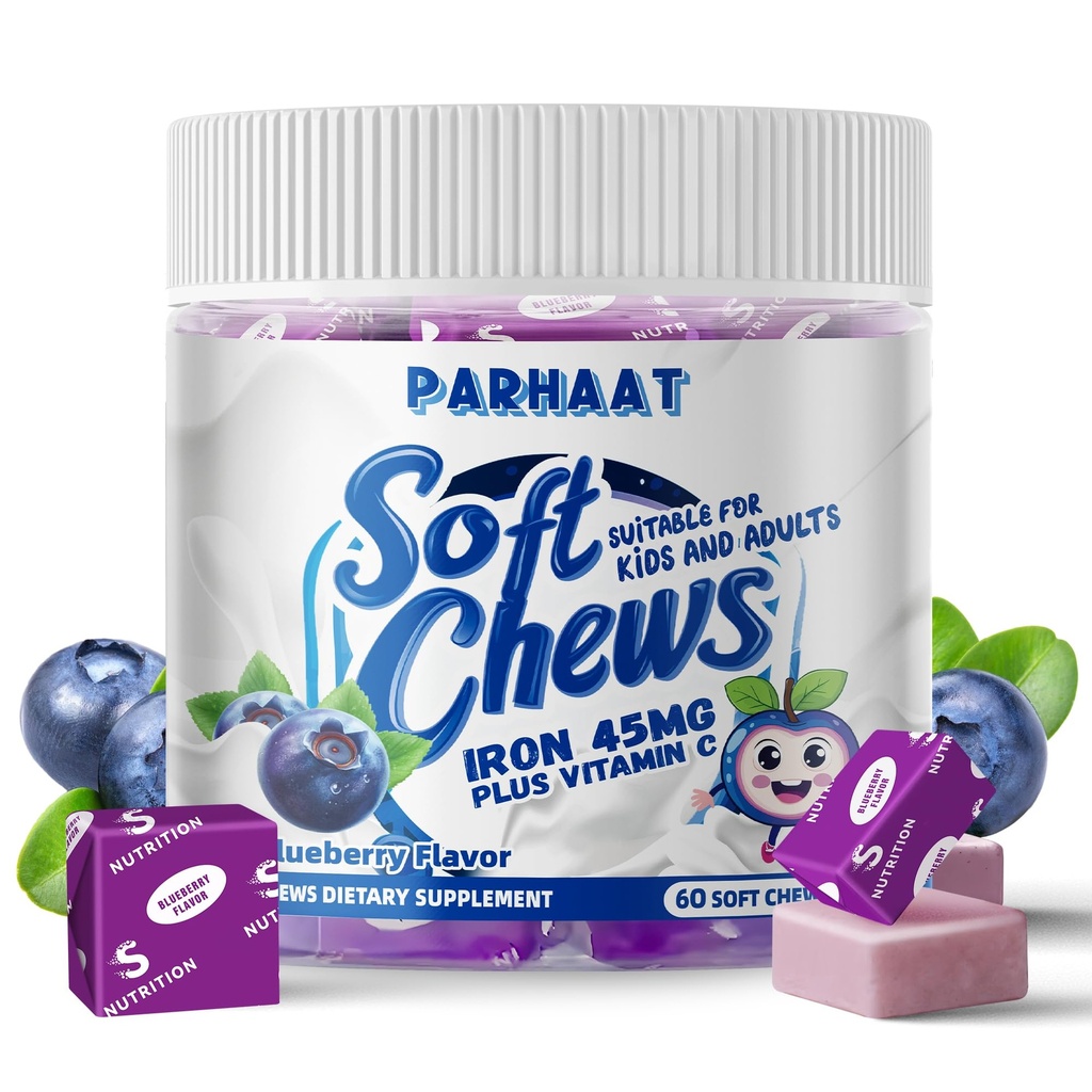 Jern myk Chew Supplement med vitamin C | Blåbær Flavored | Glutenfri | Jern Supplement for kvinner menn og barn | 60 | 2 måneders forsyning
