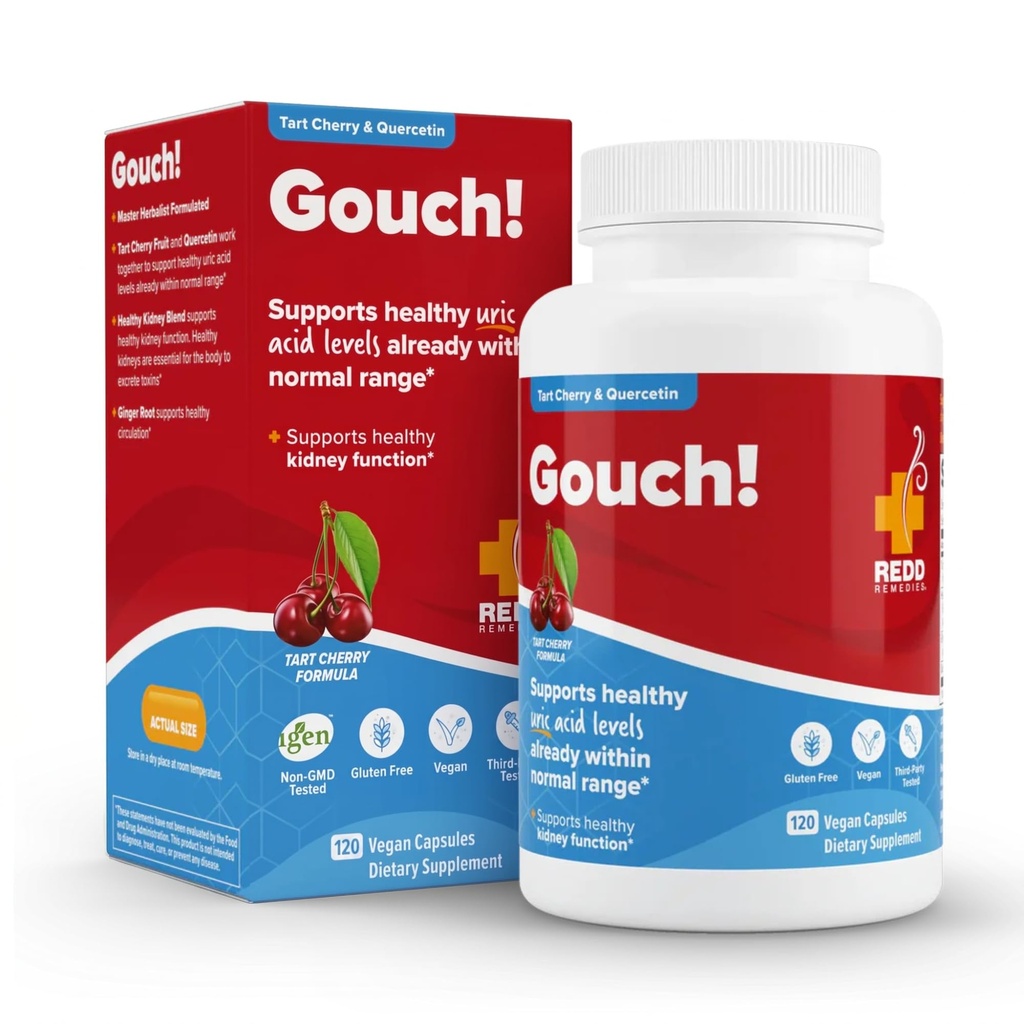 Redd Remedies, Gouch!, Supplement støtte for ledd og uricsyre nivåer, oppmuntrer til en sunn inflammatorisk respons, Tart Cherry & Quercetin, 120 Vegansk kapsler
