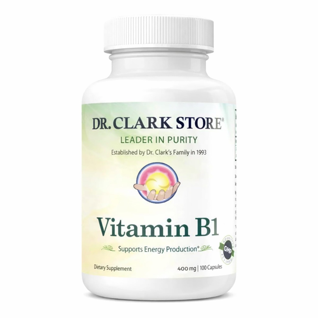 Dr. Clark vitamin B1 Thiamin 400 mg Supplement -Thiamin B1 Supplement for sunne nervesystem og energimetabolisme, Glutenfri, Dairy Gratis - 100 Gelatin kapsler
