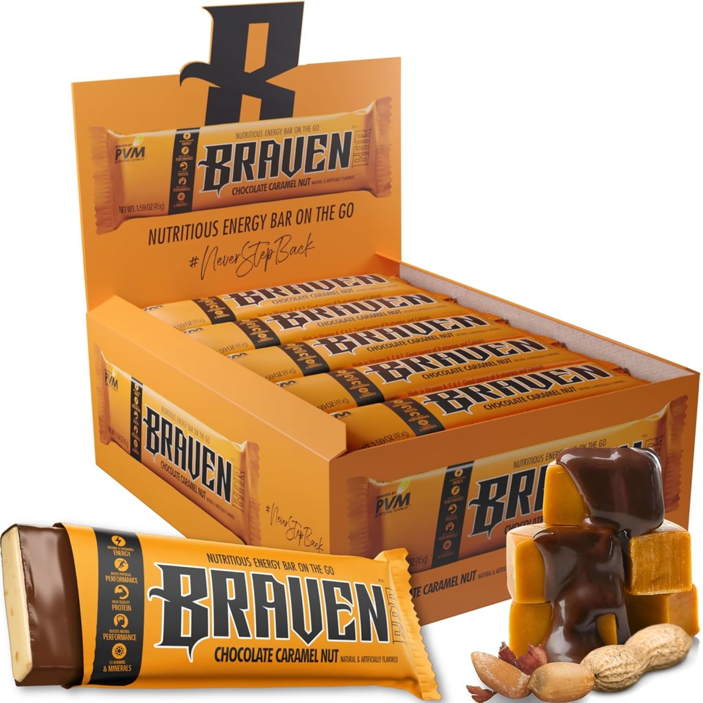 Braven Bar sjokolade Caramel Nut Energy Bars (1.59 oz, pakke med 20) – Energi Chews med 5g Protein – On-the-Go Energi Snacks for løping, fotturer og idrett - Glutenfri Snacks for elastisk energi Boost