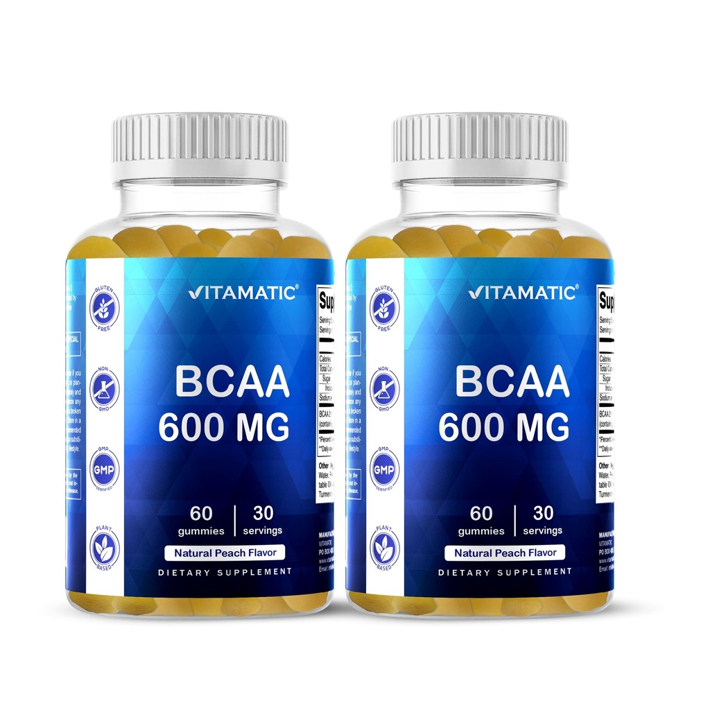 Vitamatic BCAA Gummies - Branch Chain Amino Acid Kosttilskudd - Peach Flavor - 600 mg per servering - 60 Vegansk Pectin Basert Gummies (2 flasker)