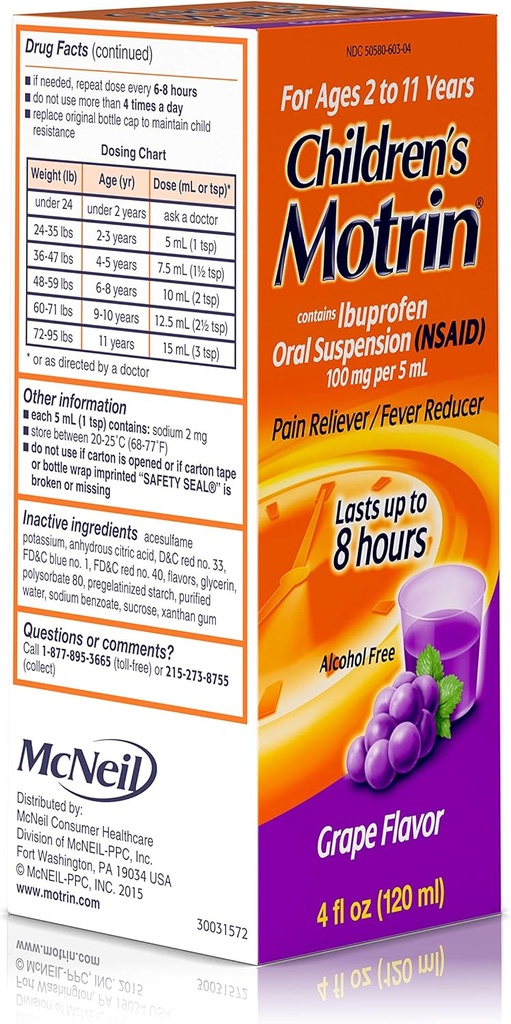 Motrin barn oral suspensjon Grape Flavor - 4 oz, pakke med 4