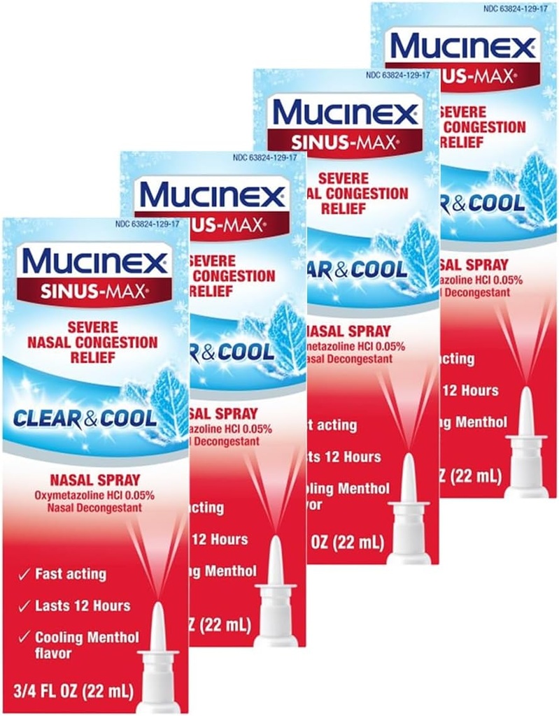 Mucinex Nasal Decongestant Spray, Sinus-Max Alvorlig Nasal Congestion Relief Klar og kjølig Nasal Spray, varer 12 timer, hurtigvirkende, kjølende Menthol Flavor, emballasje May Vary, 0,75 Fl Oz (Pack of 4)