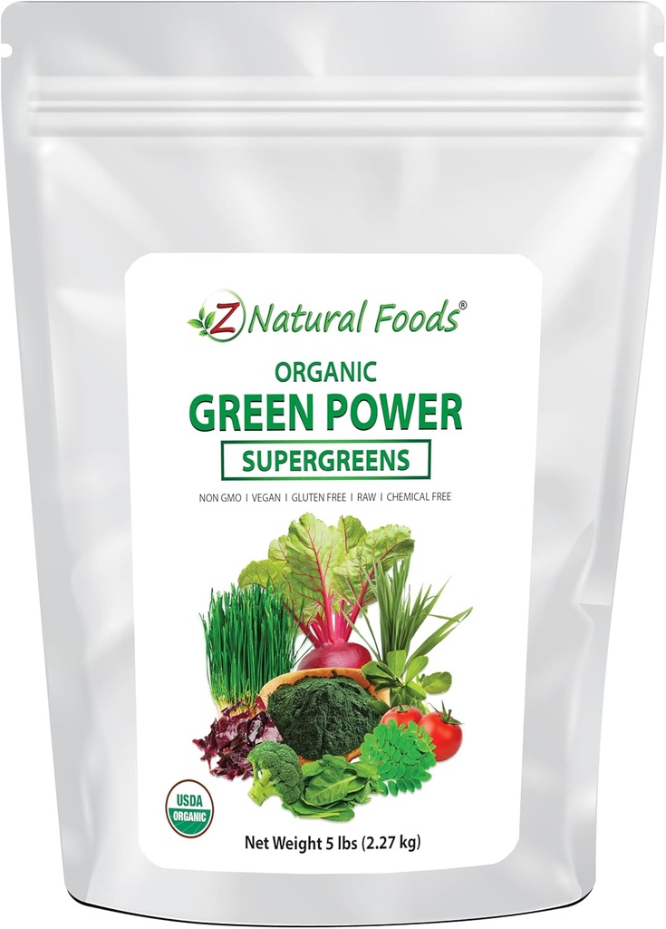Z Natural Foods Organic Greens Superfood Powder - Barley Grass, Wheatgrass, Spirulina, Spinach, Broccoli, Alfafa Leaf, Beet Root, Tomato, Dulse & Moringa - Rå Vegansk Glutenfri - 5lbs