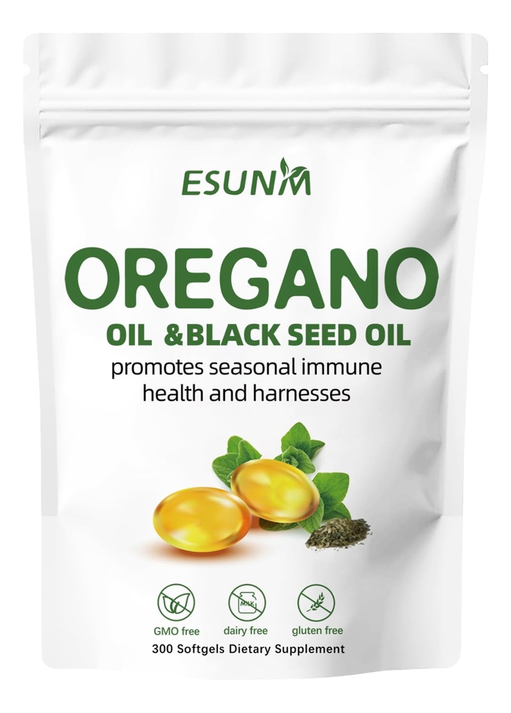 Oregano Softgels, Oregano Olje med svart frøolje fremmer sesongmessig immun helse og harder, Oregano Olje Supplement Kapsler, Ikke-GMO, Glutenfri, 300 Softgel Kapsler Kosttilskudd