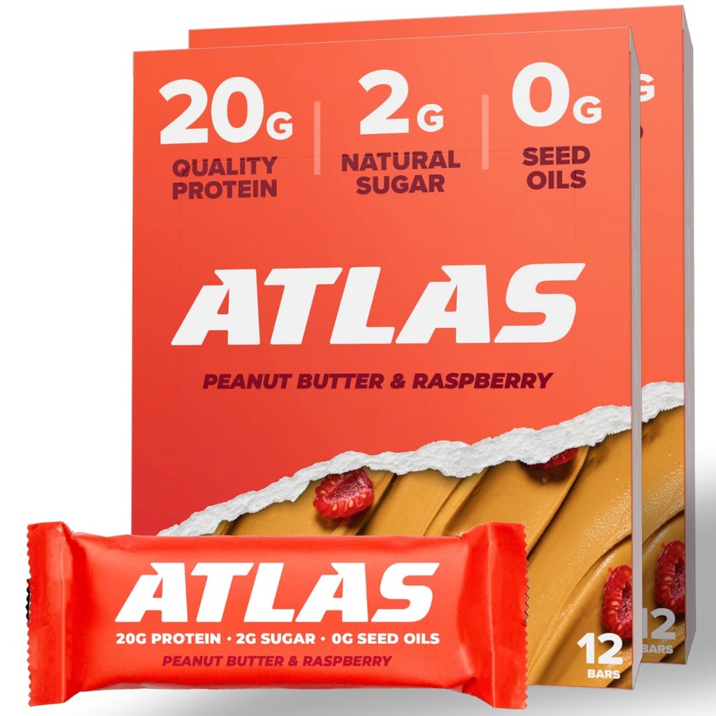 Atlas Protein Bar, 20g Protein, 1g Sukker, Rene ingredienser, Glutenfri (Peanut Butter Raspberry, 12 Count (Pack of 2))