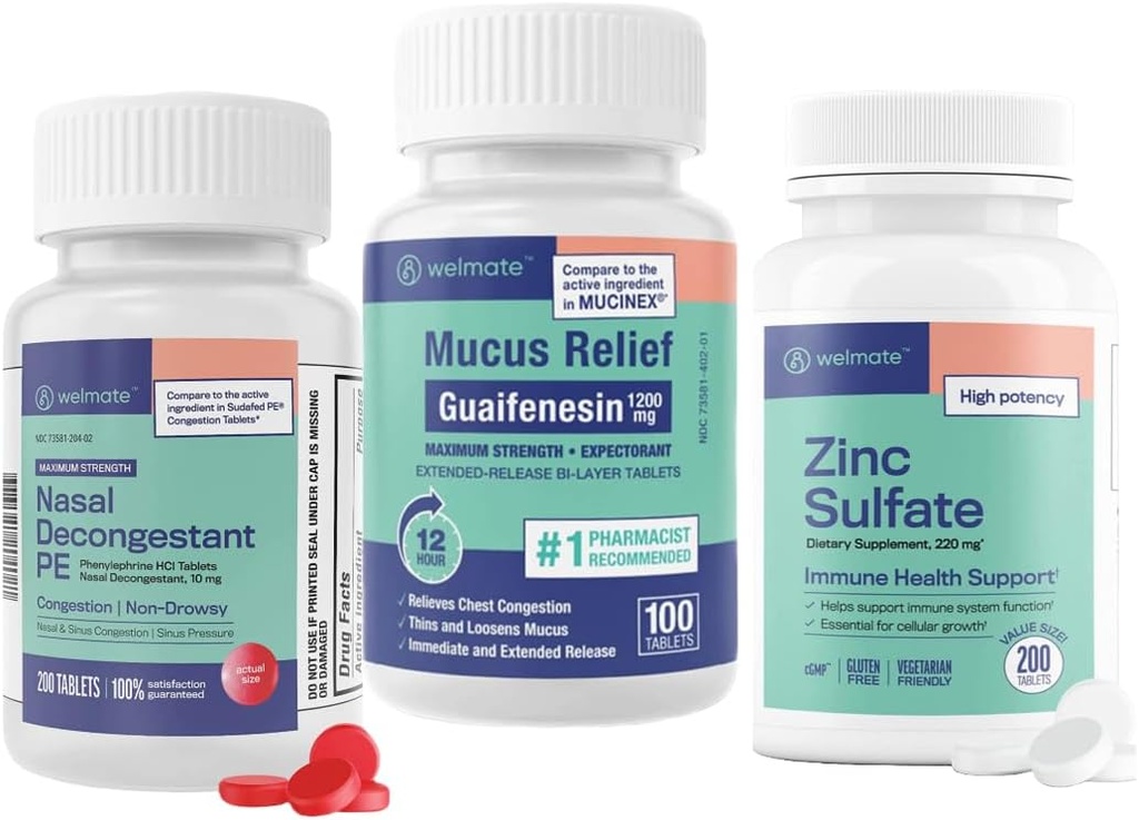 WELMATE Ultimate Cold & Allergi Relief Bundle: maksimal styrke Guaifenesin 1200 Mg Mucus Relief (100 tabletter), Phenylephrine HCl 10 mg Nasal Decongestant (200 tabletter) & Sink Sulfat 220 mg