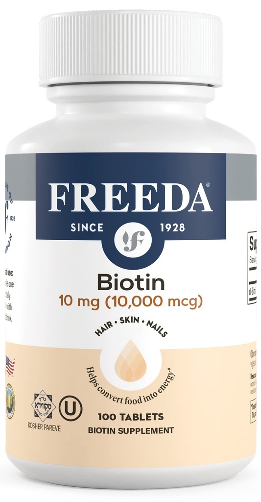 FREEDA Biotin 10 000 mikrog – Kosher hår, hud og negler Supplement – høy potens B7 for hårvekst og sterke negler – Vegantabletter med D-Biotin – 100 Tiny Tablet