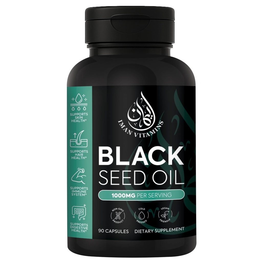 Halal naturlig svart frø olje kapsler 1000mg kaldt presset, vegansk, ikke-GMO Nigella sativa kapsler, glutenfri piller | 90 greve, 1000mg PS