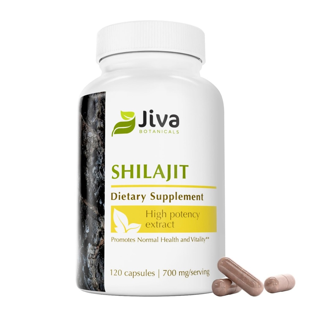 Jiva Botanicals Premium Shilajit Supplement 700 mg - Shilajit Kapsler Ekstrakt med Mineraler, Fulvic/Humic Acid for immunstøtte og nomal Digestiv Helse - 120 Vegan Capsule (Pack of 1)
