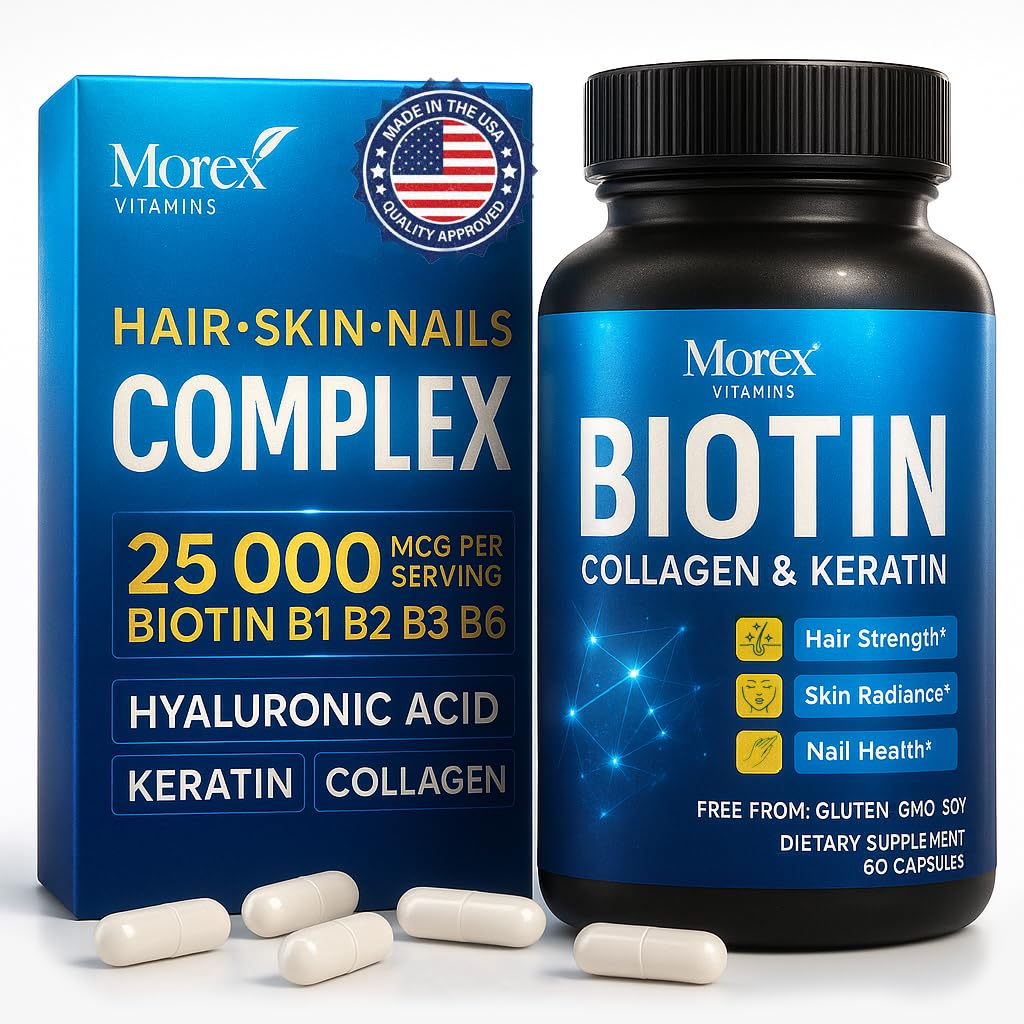 Biotin Keratin & Collage Capsules - laget i USA - Naturlig kollagen, Keratin og Biotin for hårvekst - Biotin og kollagen vitaminer med multi kollagen peptider for håravfall, hud og negler - 60 Caps