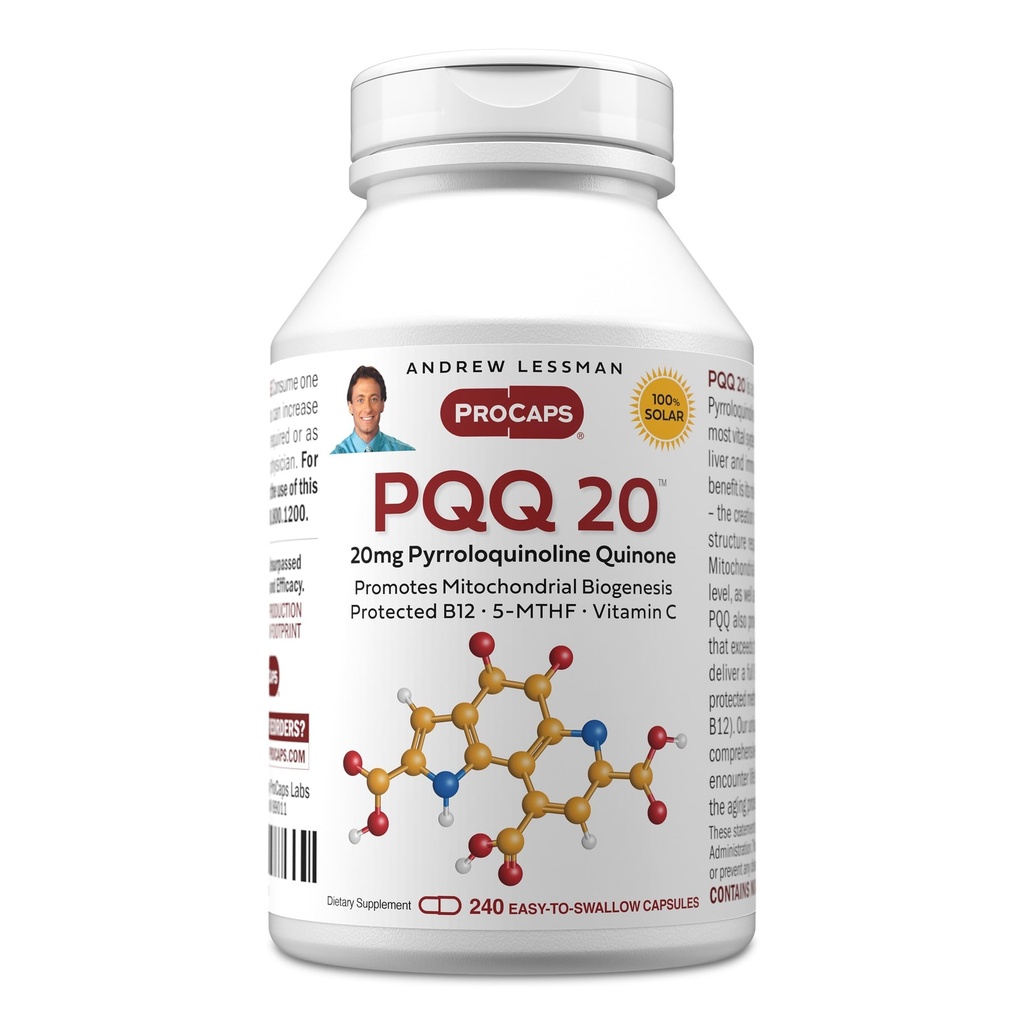 ANDREW LESSMAN PQQ 20 mg - 240 kapsler - 20 mg Pyrroloquinolin Quinone, Naturlig beskyttende forbindelse støtter vitale organer, hjerte, hjerne, lever, immunsystem. Mitokondriell biogenese, Ingen additiver